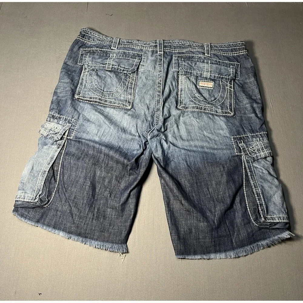 TRUE RELIGION Commander Big T Cargo Shorts Mens 42 Denim Drawstring